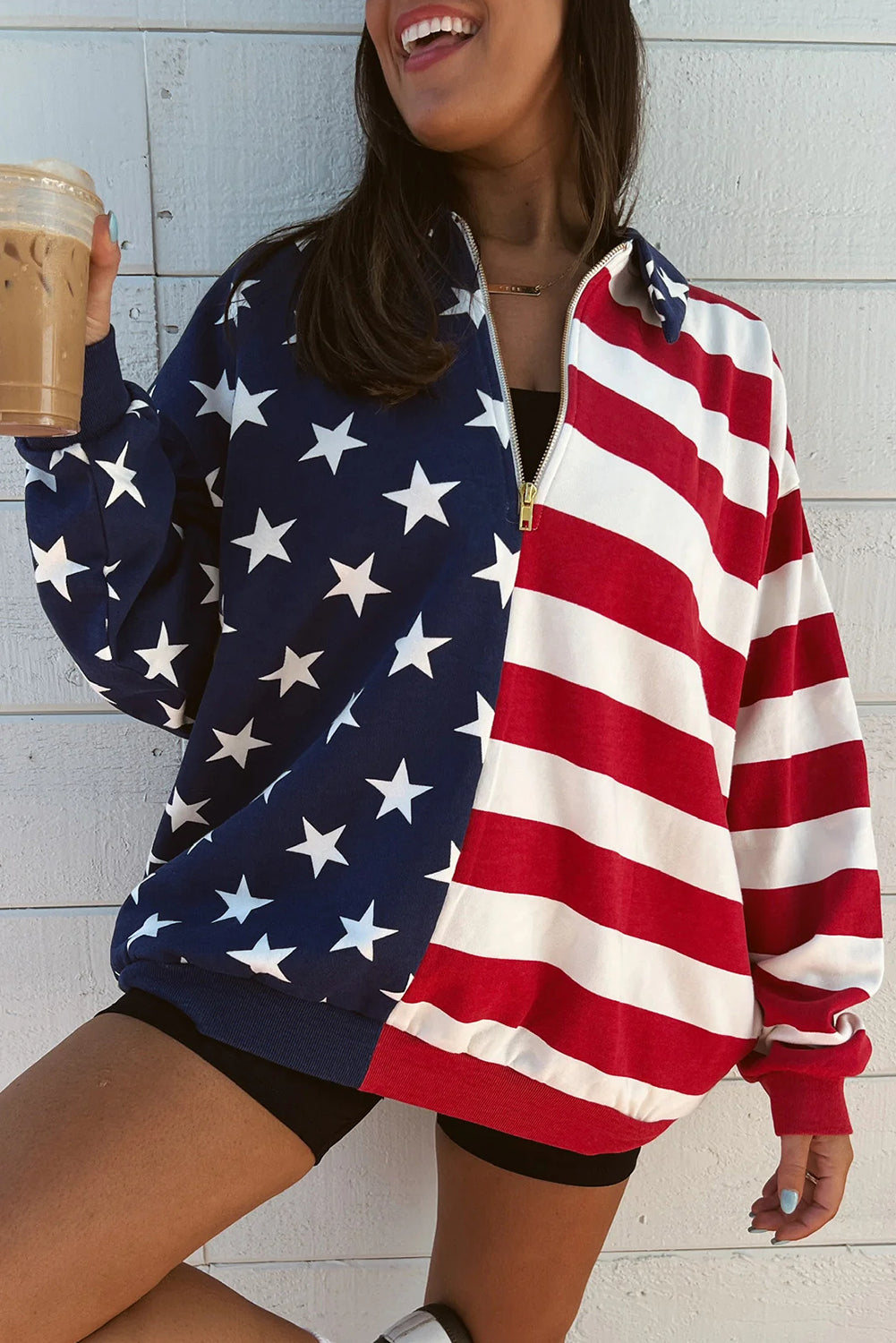 Multicolour Stars Stripes American Flag Zipped Collar Oversized Sweatshirt