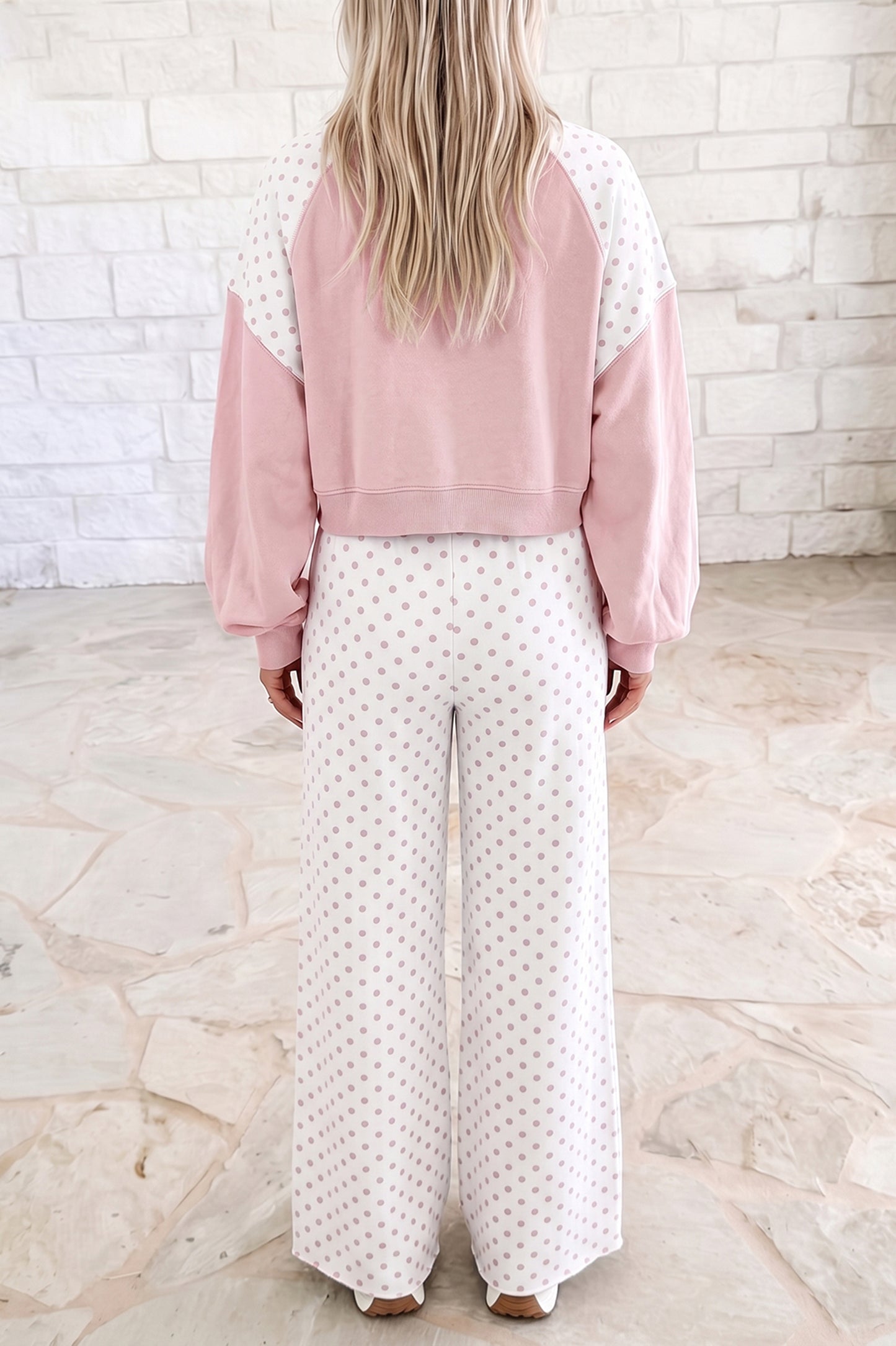 Green Polka Dot Patchwork Colorblock Long Sleeve Casual Two Piece Pants Set
