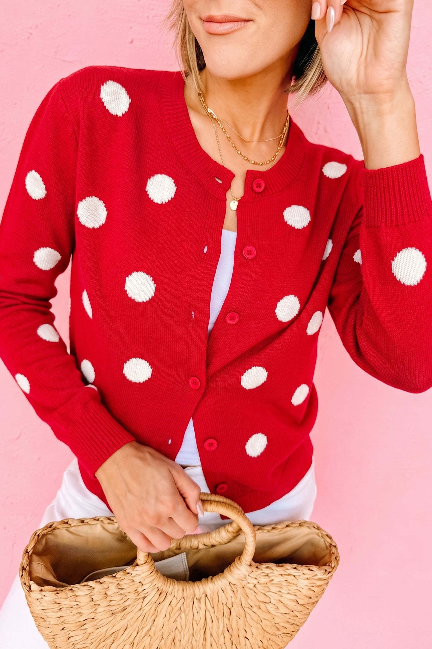 Yellow Cream Casual Polka Dot Button Front Long Sleeve Sweater Cardigan