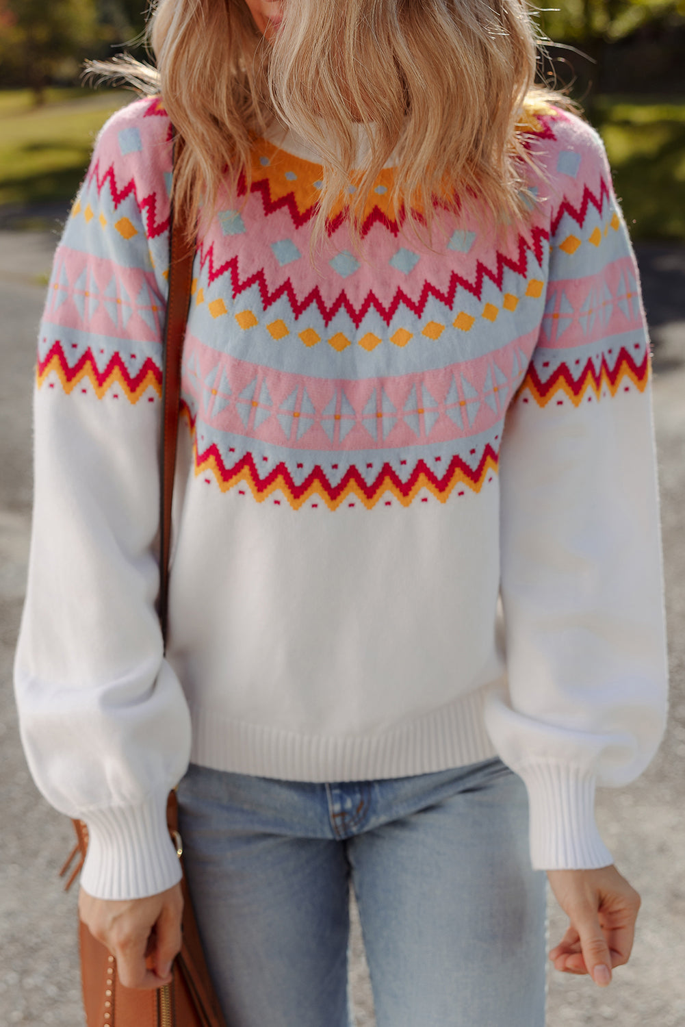 White fair isle Print Drop Shoulder Sweater