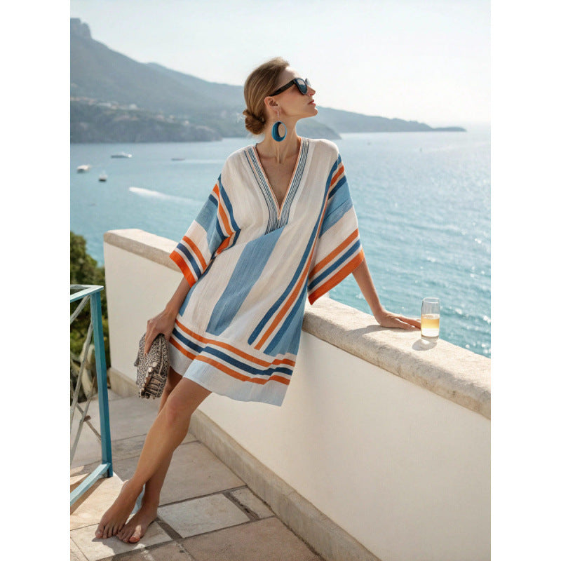 V-neck Bohemian printed loose beach dress caftan
