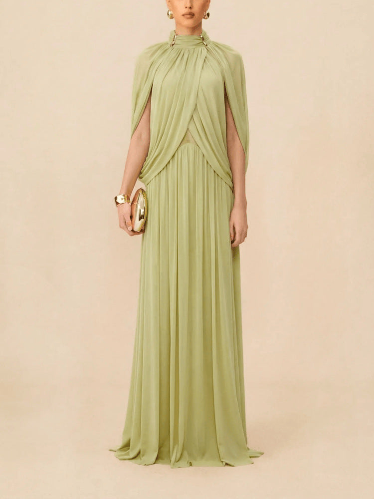 old hollywood cross-sleeved, form-fitting draped dress