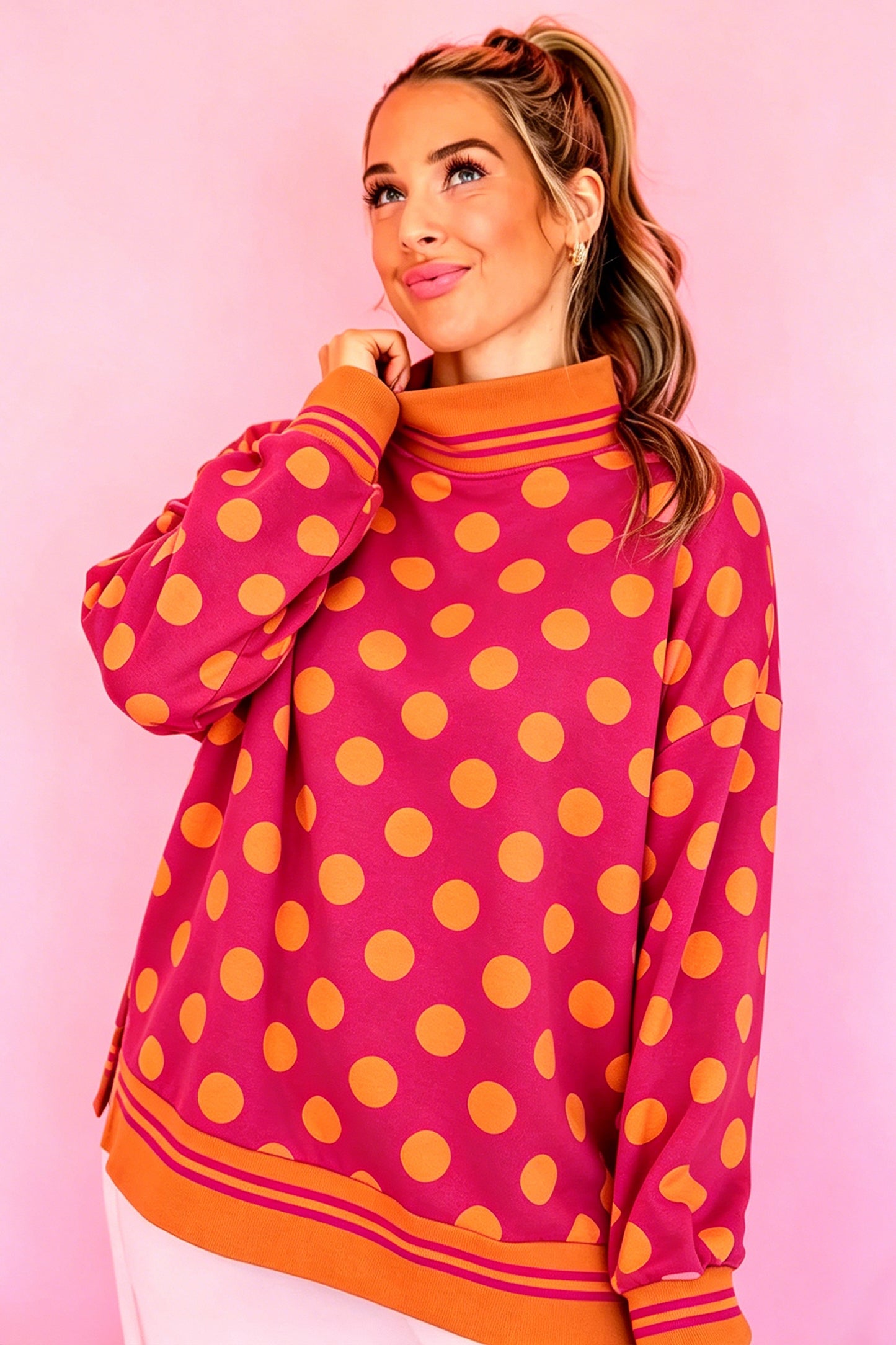 Pink Polka Dot Striped Trim Mock Neck Sweatshirt