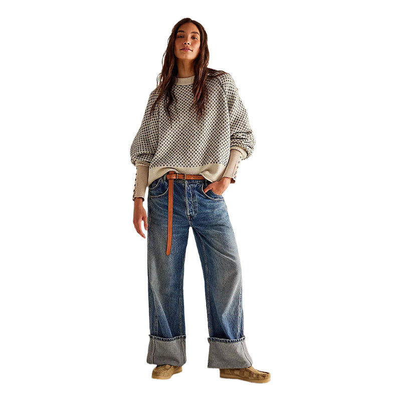 long-sleeved jacquard round-neck sweater