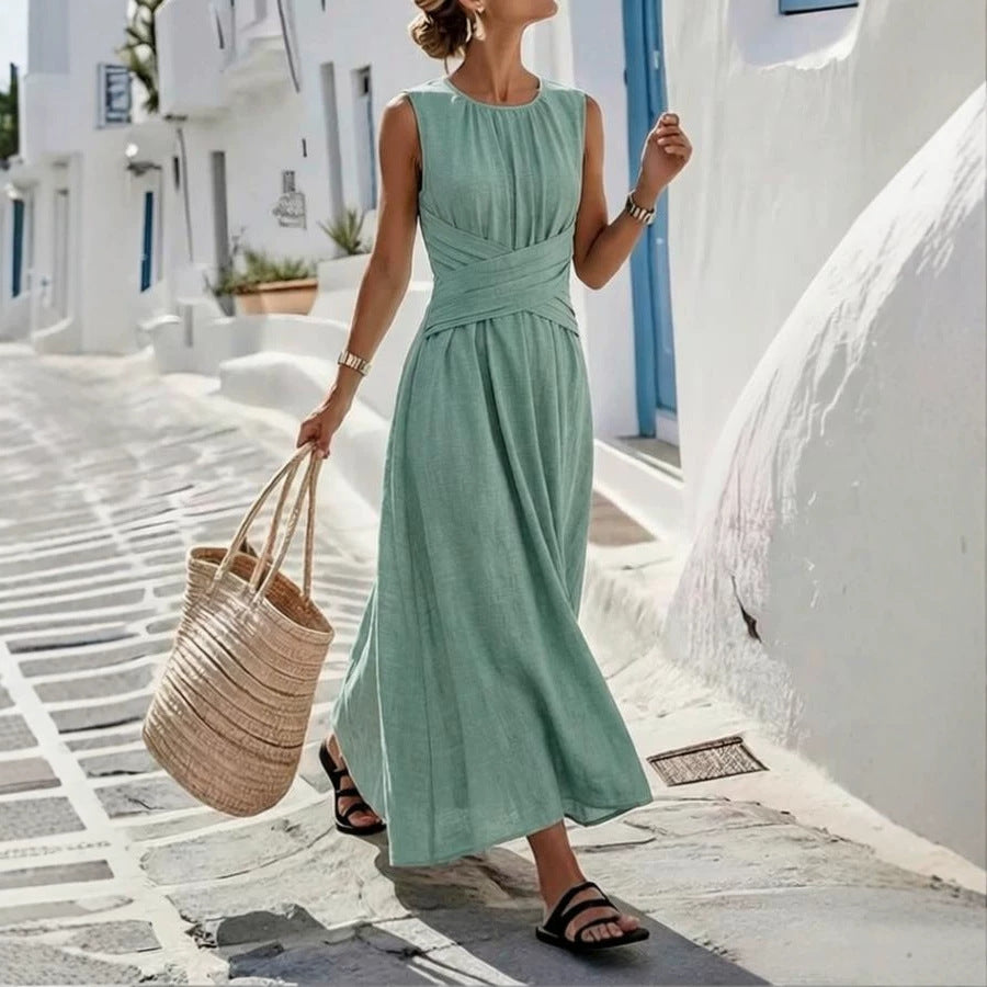 round-neck sleeveless waist-cinching long cotton and linen blend dress