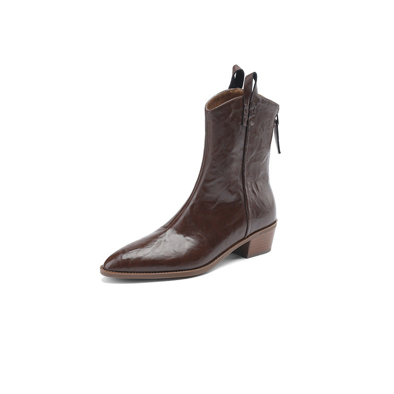 Pointed-toe Western cowboy boots, chunky-heeled stylish ankle boots