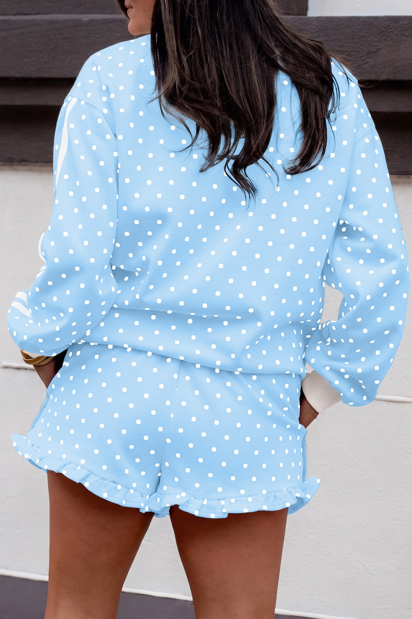 Brown Polka Dot Print Side Stripe Detail Casual Sweatshirt 2pcs Short Set