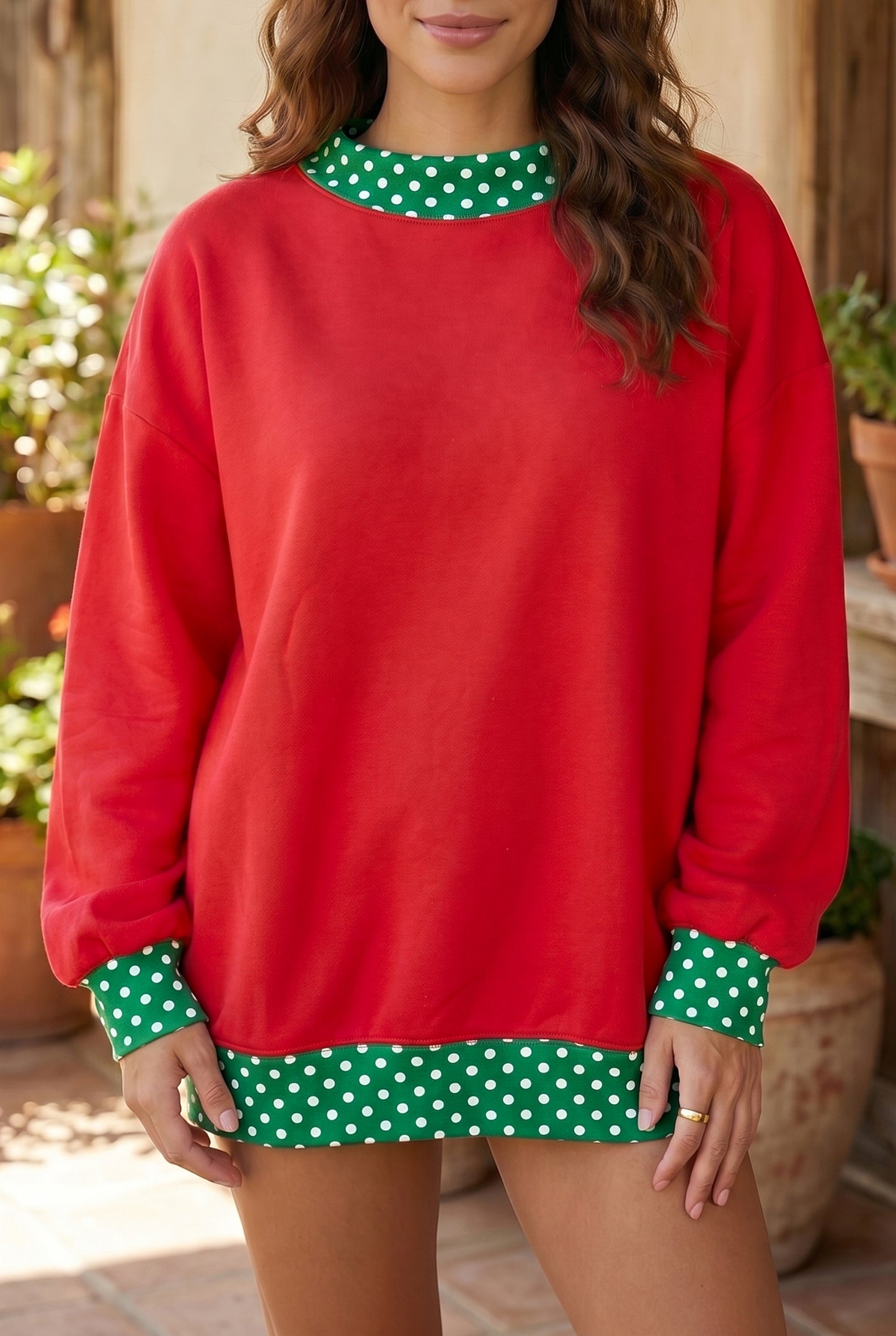 Racing Red Colorblock Polka Dot Contrast Trim Oversized Sweatshirt