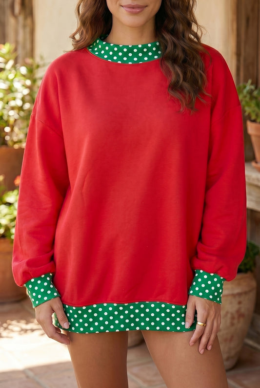 Racing Red Colorblock Polka Dot Contrast Trim Oversized Sweatshirt