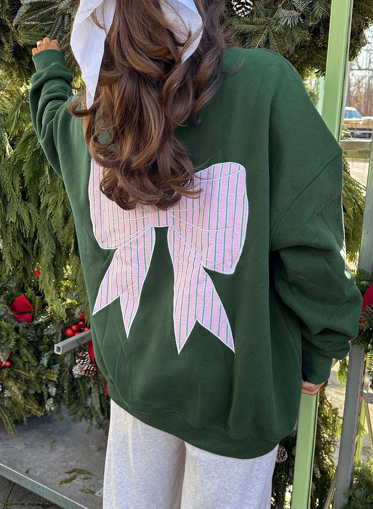 Blackish Green Striped Bow Graphic Oversized Sweatshirt