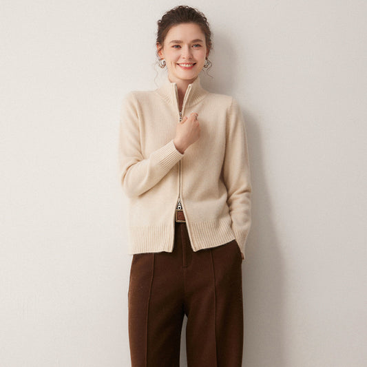 100% cashmere women's high-neck zipper knitted cardigan