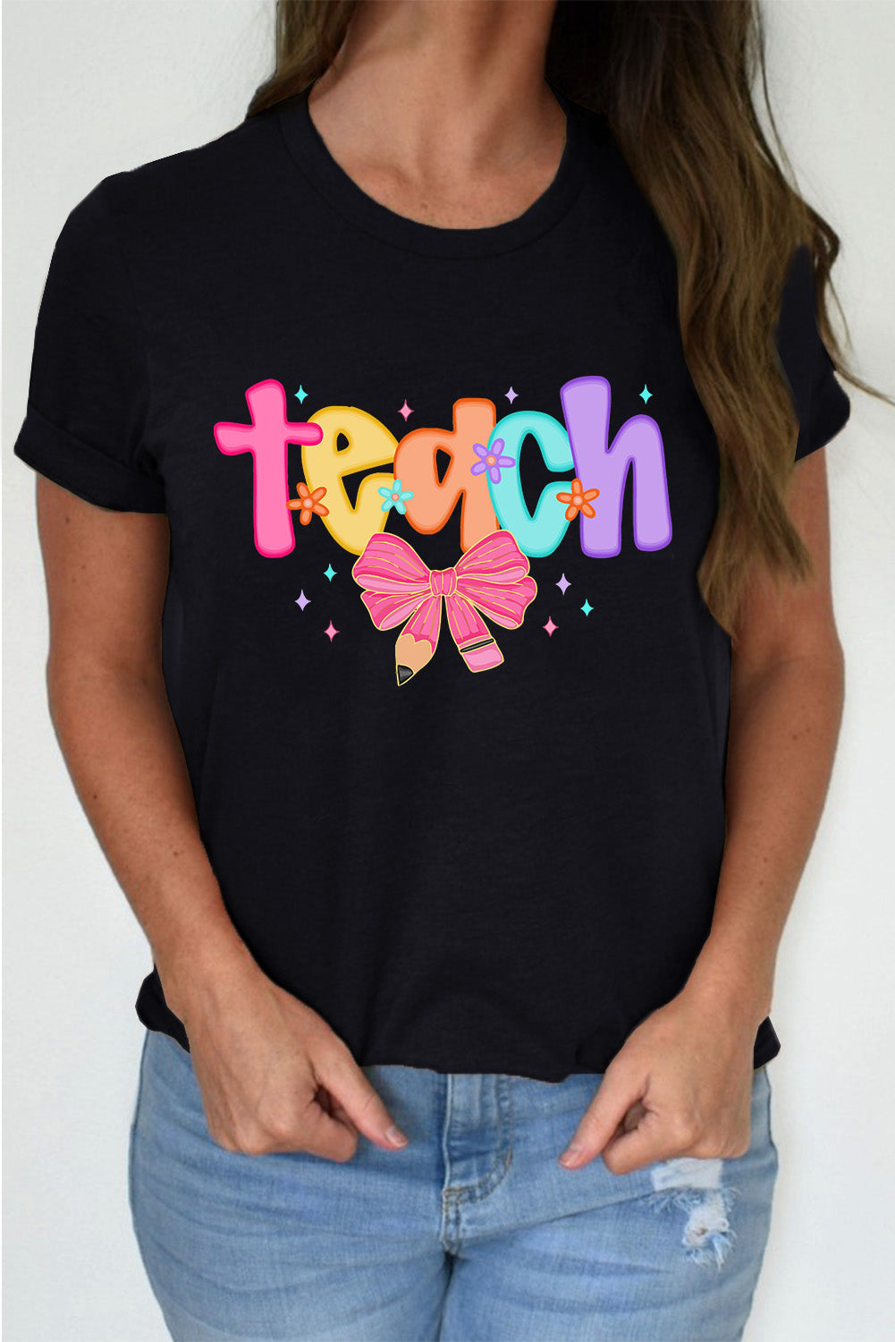 Black Teach Bow Heat Transfer Printing Graphic Holiday Tee