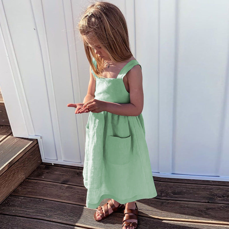 Girls' cotton and linen dress with button and bow back details