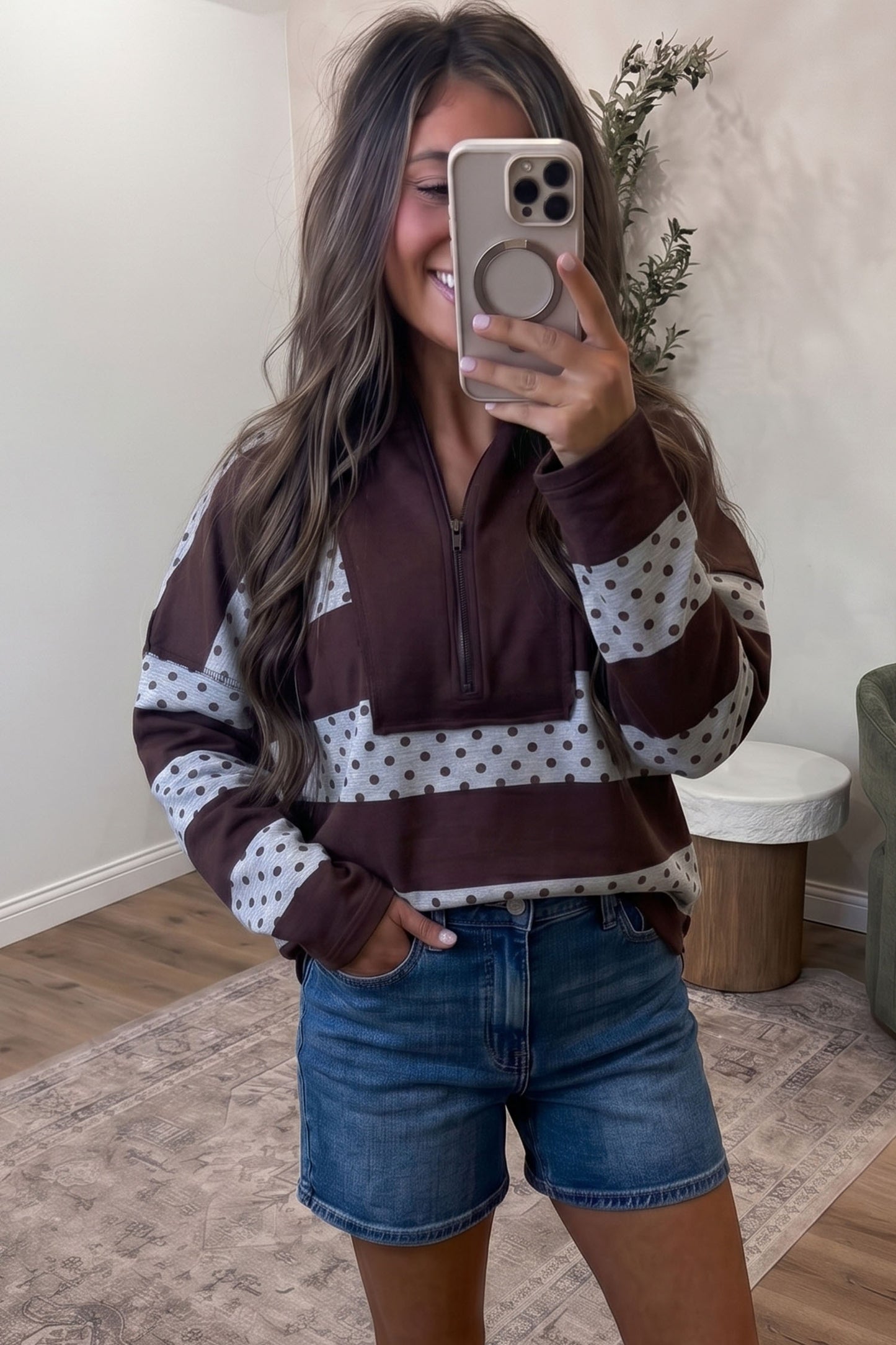 Brown Stripe Patchwork Polka Dot Accent Quarter Zip Long Sleeve Top