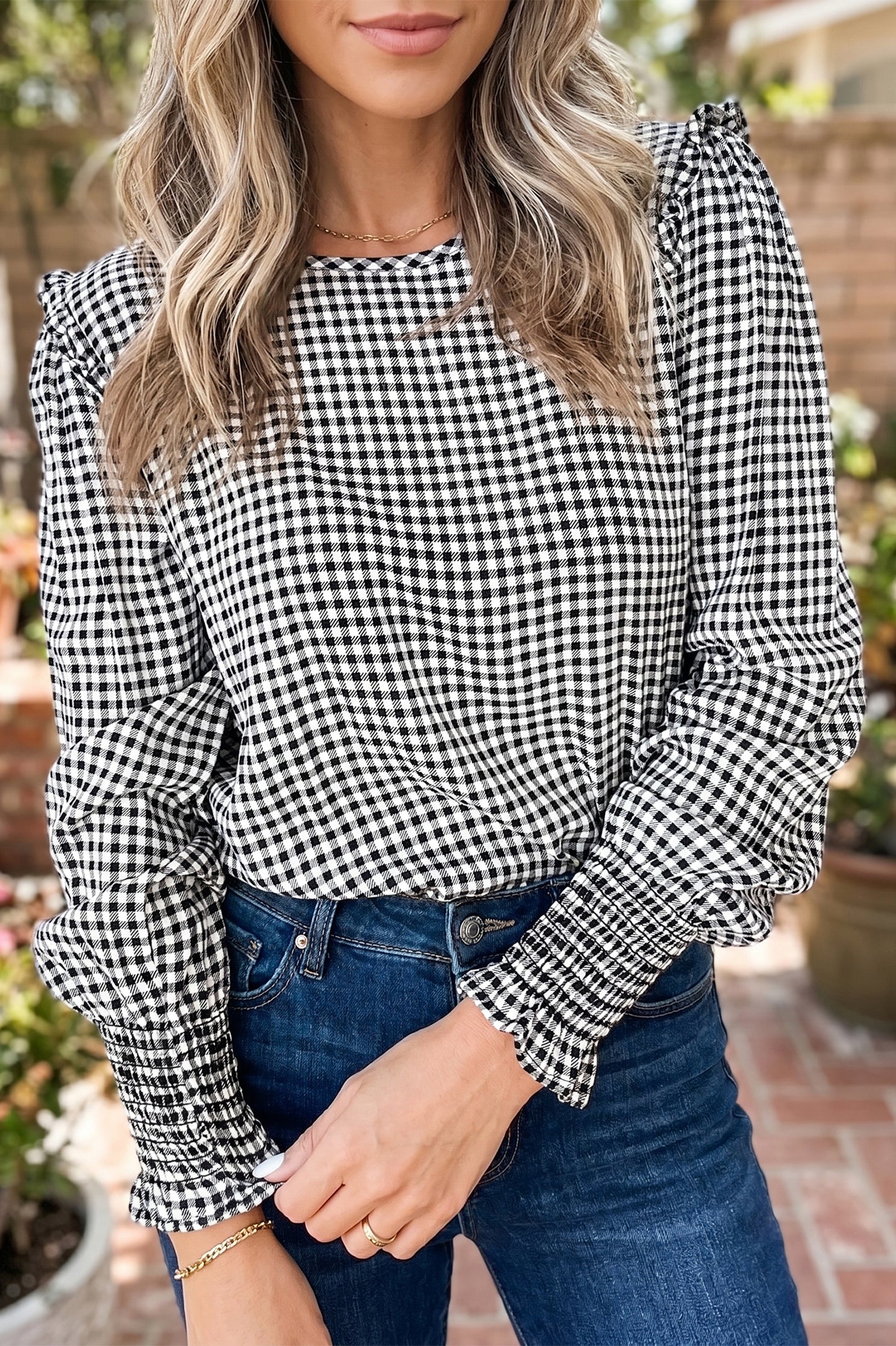Black Plaid Long Sleeve Top Shirred Cuffs Ruffle Neckline Casual Shift Pullover