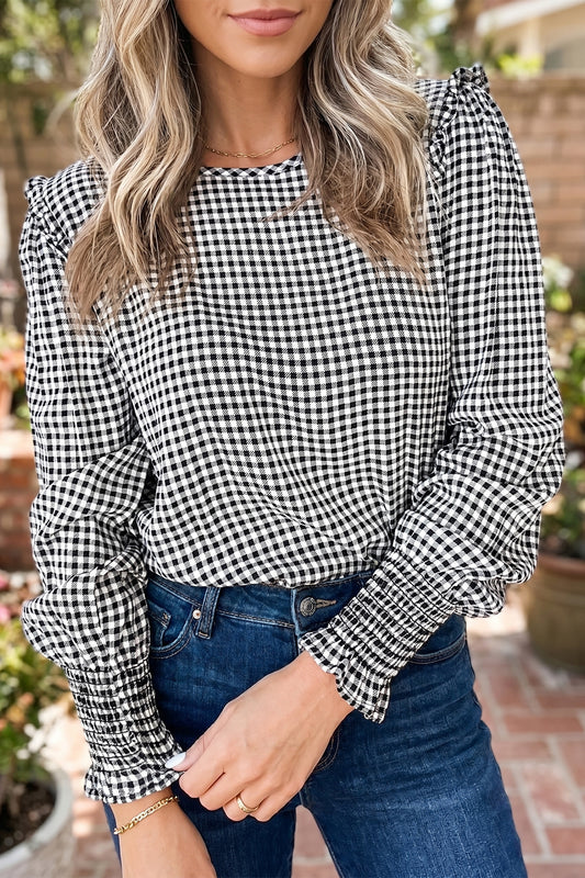 Black Plaid Long Sleeve Top Shirred Cuffs Ruffle Neckline Casual Shift Pullover