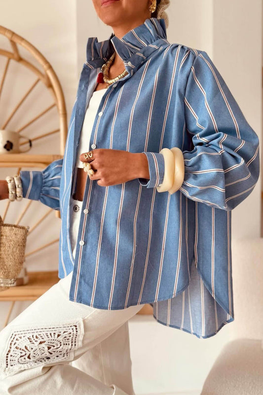 Sky Blue Stripe Ruffled Stand Neck Button Down Long Sleeve Chambray Shirt
