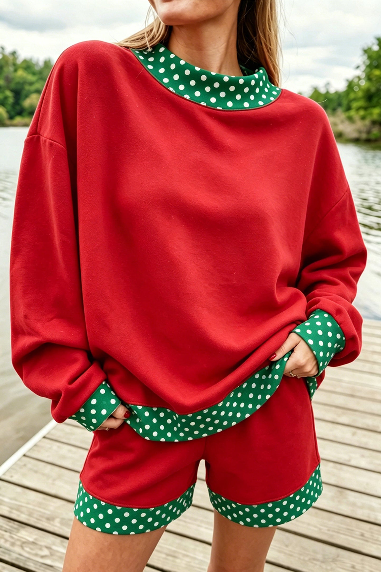 Fiery Red Gingham Trim Baggy Pullover 2pcs Short Set