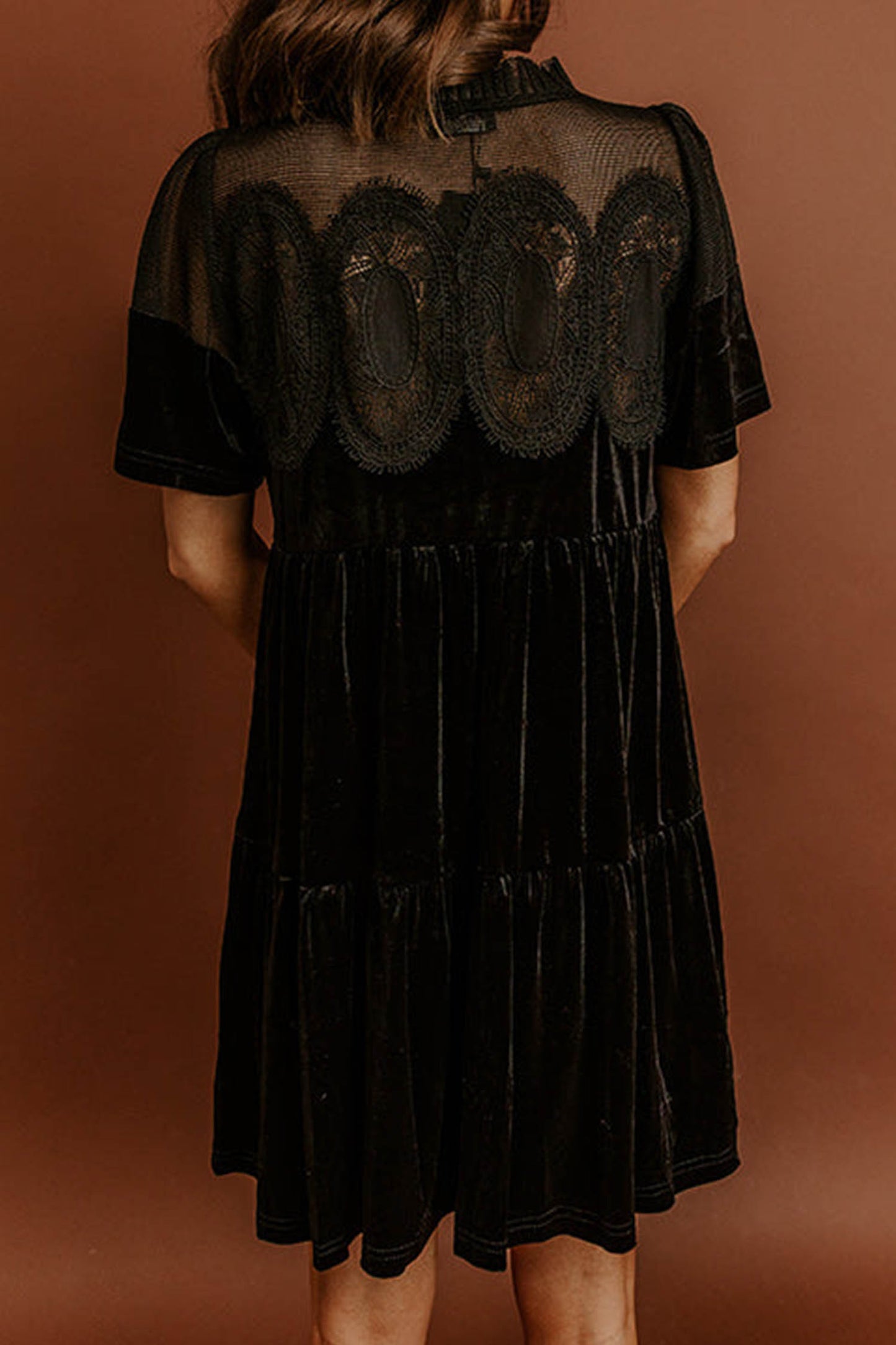 Black Embroidered Velvet Short Sleeve Mini Shift Dress