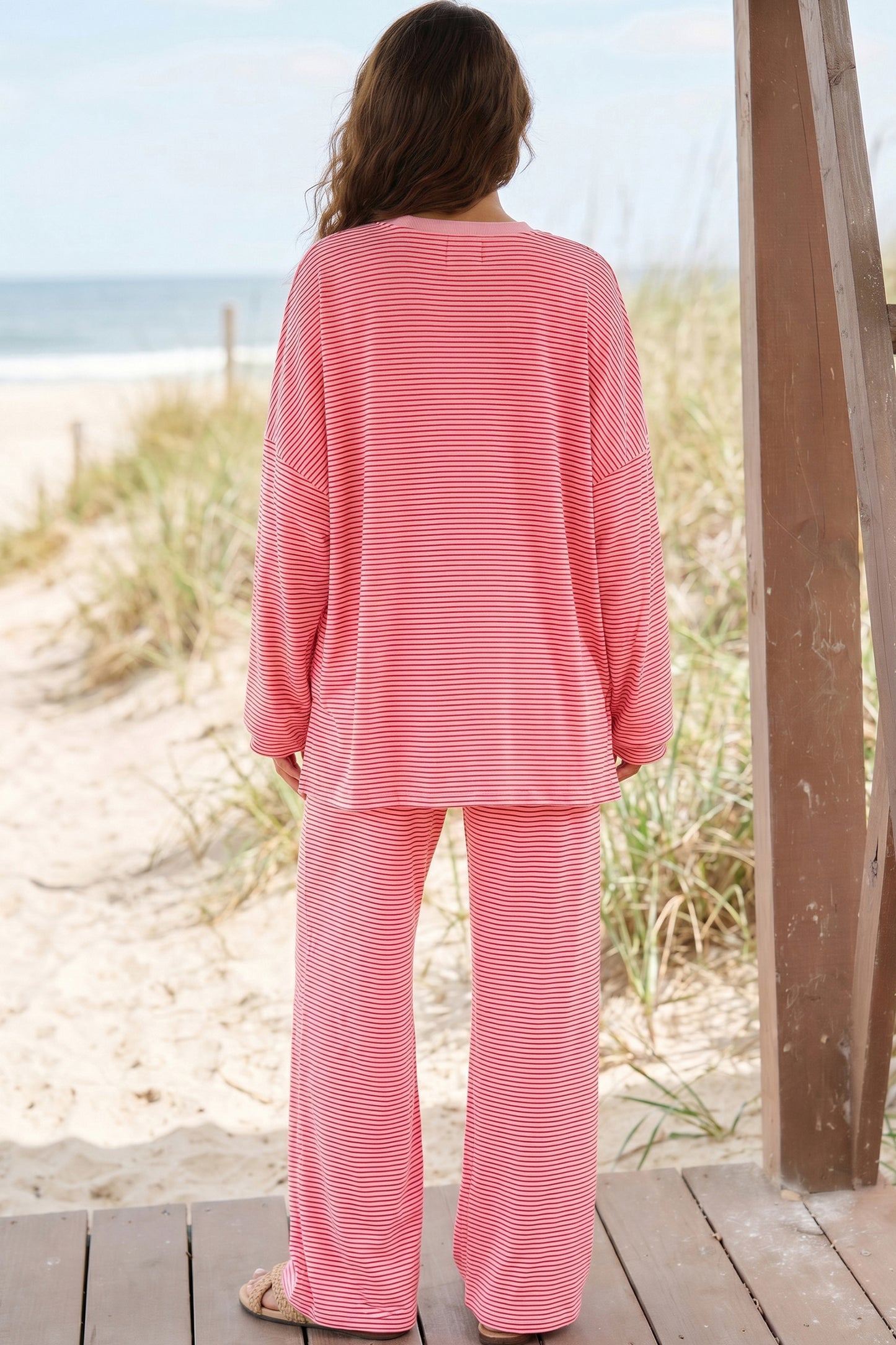 Pink Stripe Striped Drop Shoulder Long Sleeve Pant Set