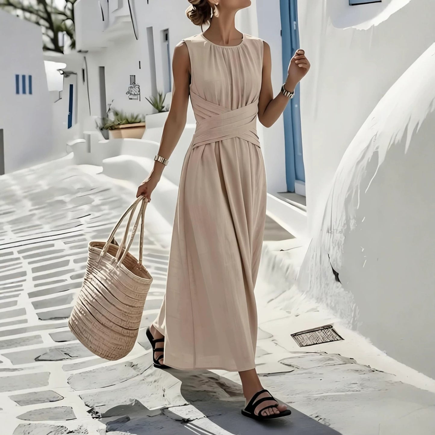 round-neck sleeveless waist-cinching long cotton and linen blend dress