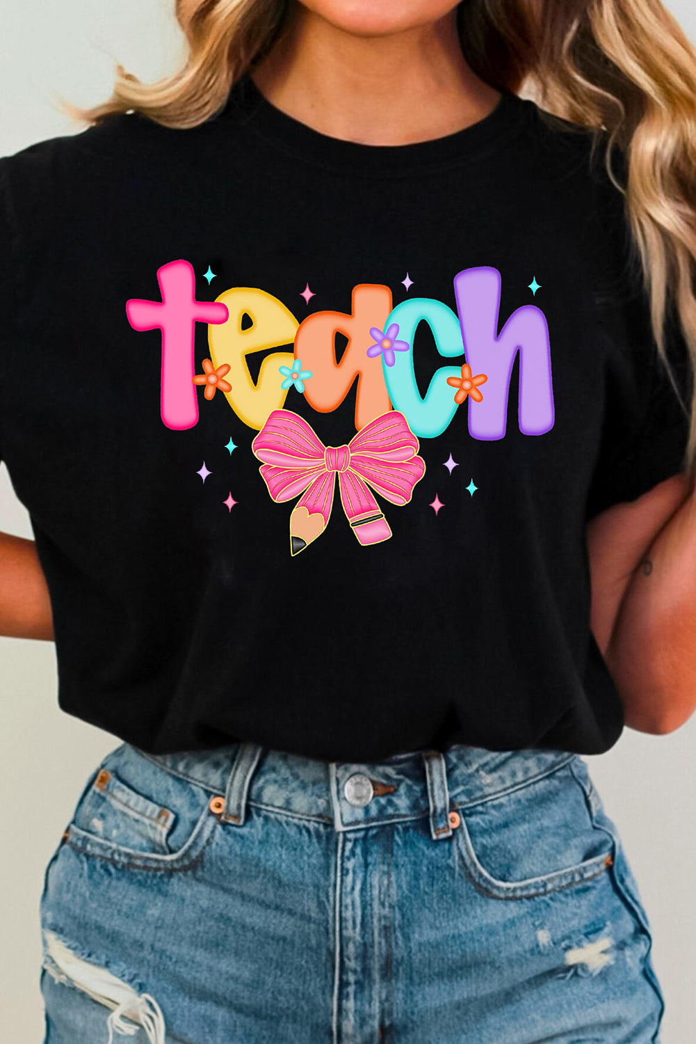 Black Teach Bow Heat Transfer Printing Graphic Holiday Tee
