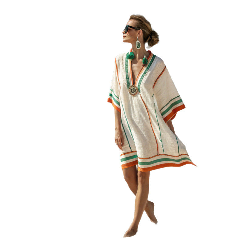 V-neck Bohemian printed loose beach dress caftan