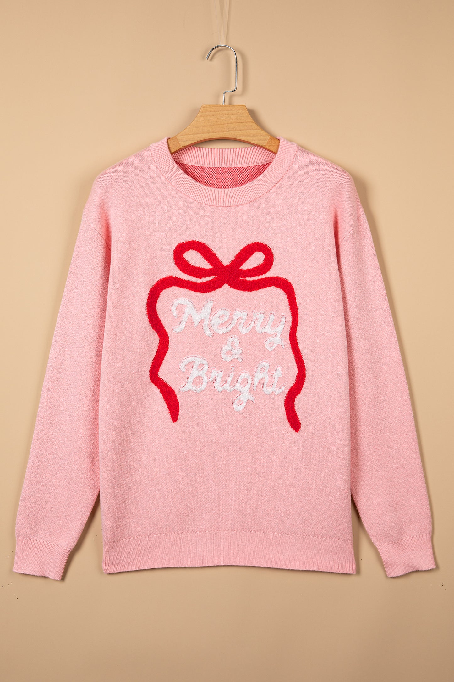 Gossamer Pink Drop Shoulder Round Neck Towel Embroidery Slogan Pullover Sweater
