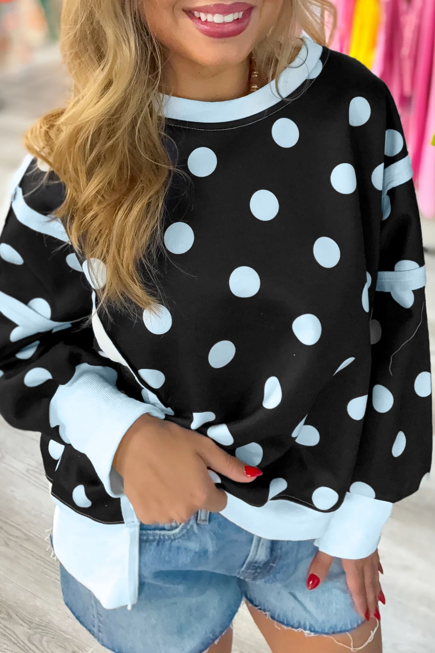 Blue Polka Dot Contrast Patchwork Round Neck Baggy Sweatshirt