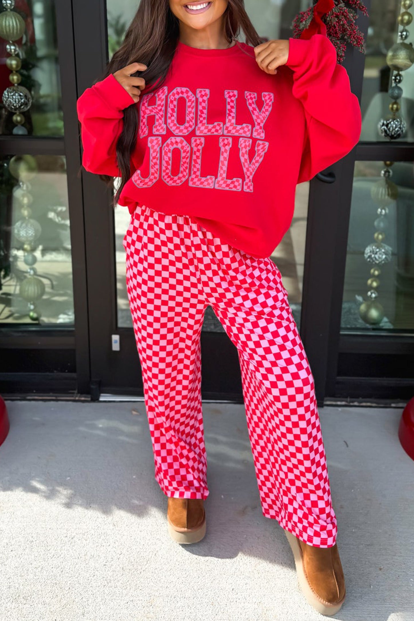 Red Merry Graphic Plaid Christmas Lounge Pant Set