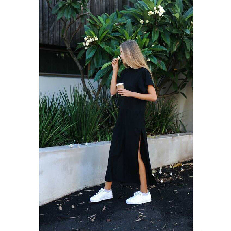 Long, round-neck base dress, loose short-sleeved dress