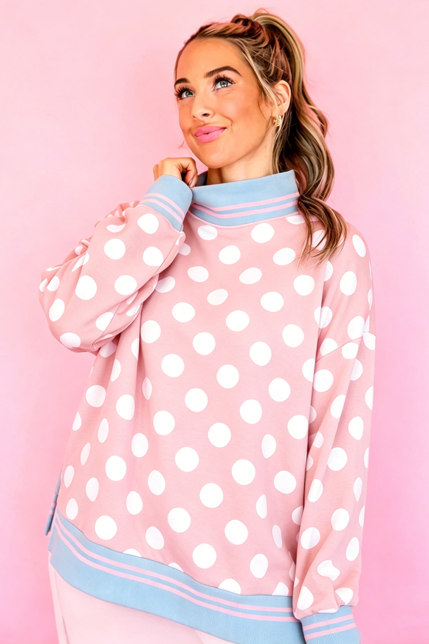 Pink Polka Dot Striped Trim Mock Neck Sweatshirt