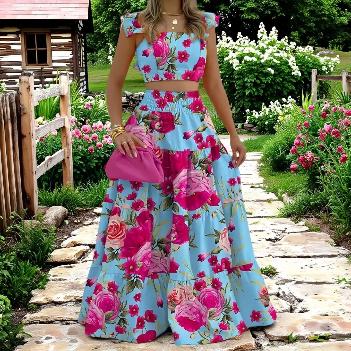 Casual long skirt, halter top two-piece set