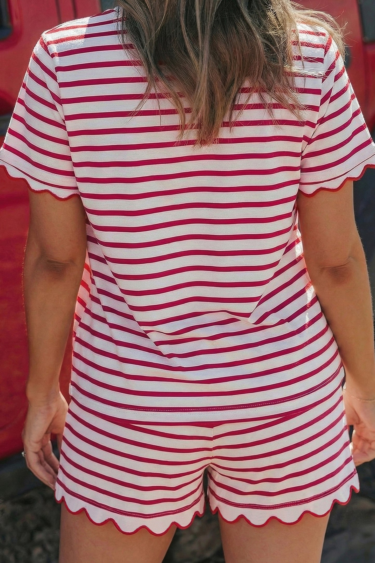 Red Stripe Scallop Hem Top Shorts Set