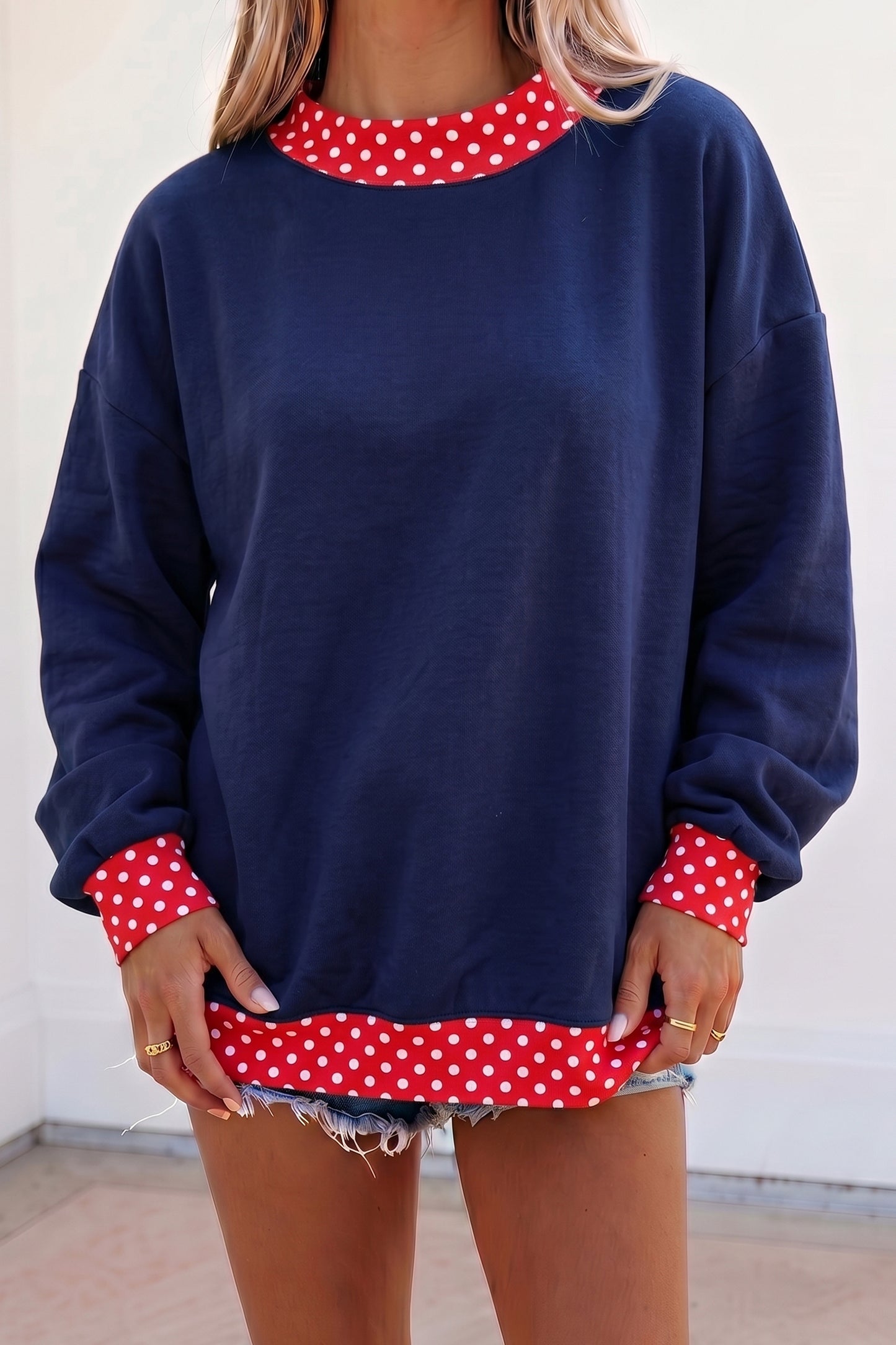 Racing Red Colorblock Polka Dot Contrast Trim Oversized Sweatshirt