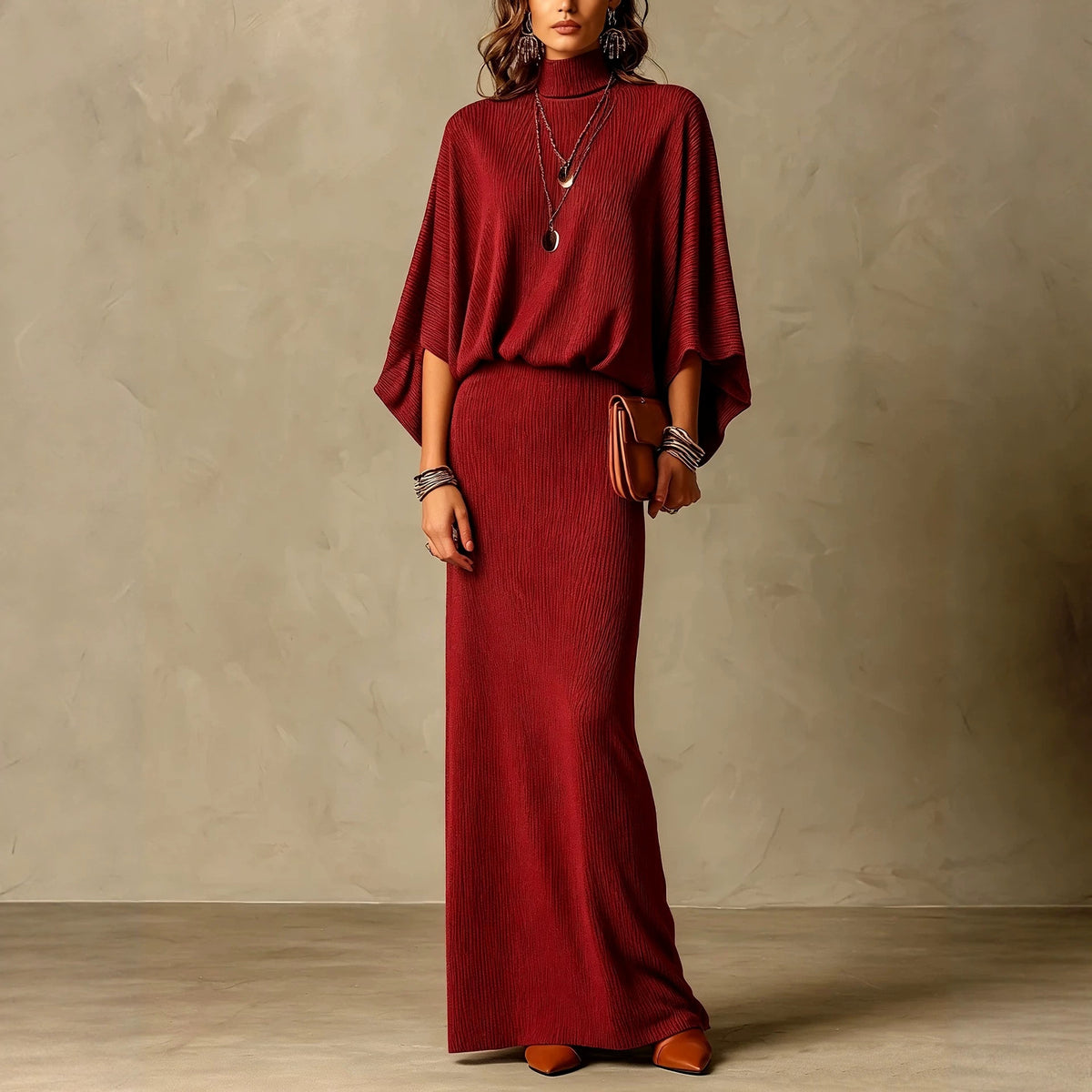 Solid-color bat wing jacket and form-fitting two-piece set