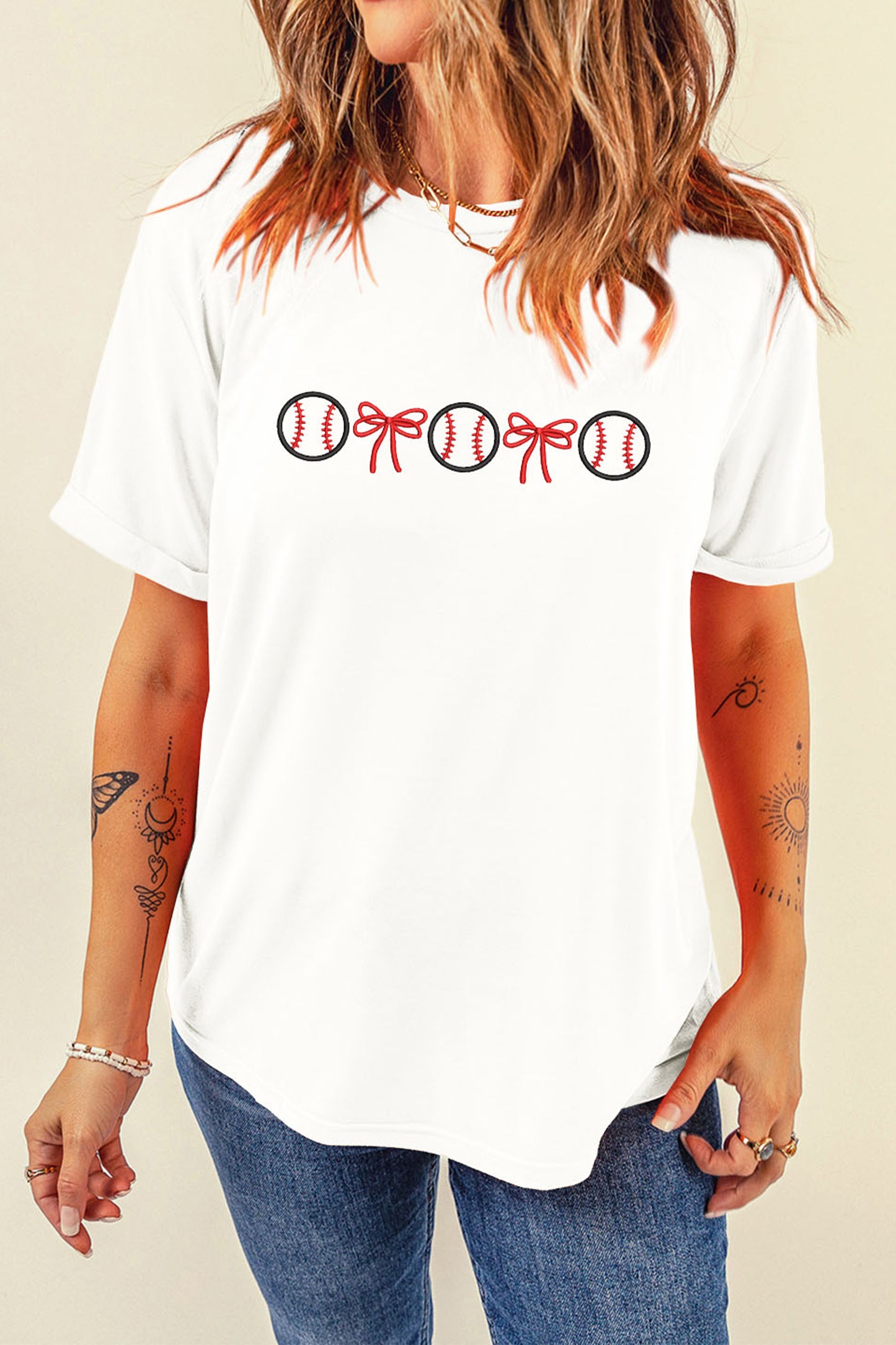 White Baseball Bow Embroidered Graphic Tee