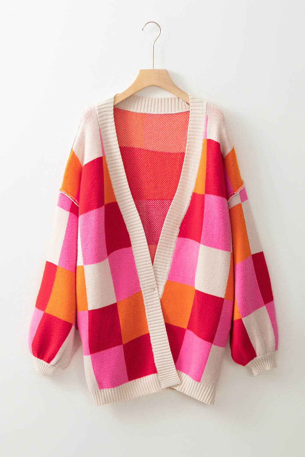 Red Light Checkered Drop Shoulder Exposed Seam Open Front Cardigan
