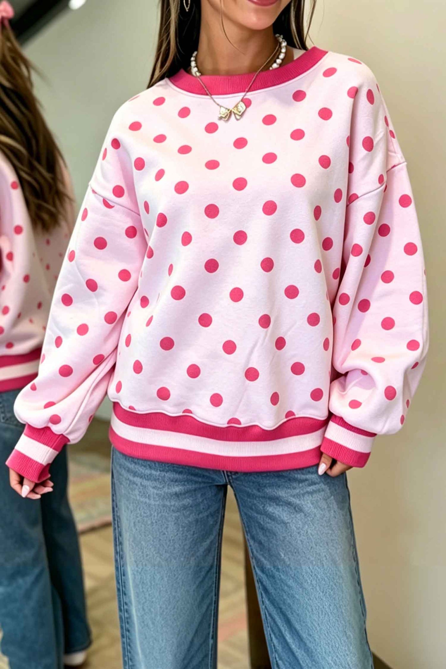 Pink Polka Dot Colorblock Round Neck Pullover Sweatshirt