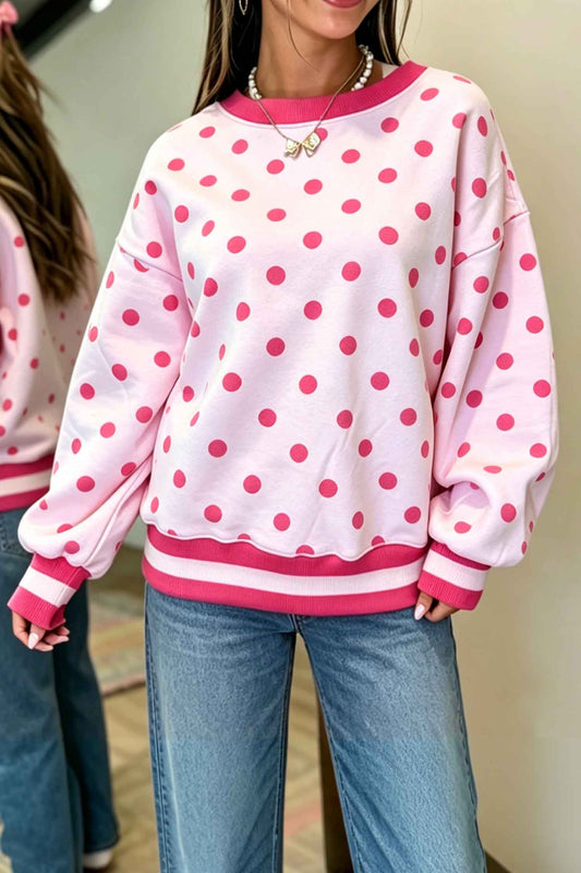 Pink Polka Dot Colorblock Round Neck Pullover Sweatshirt