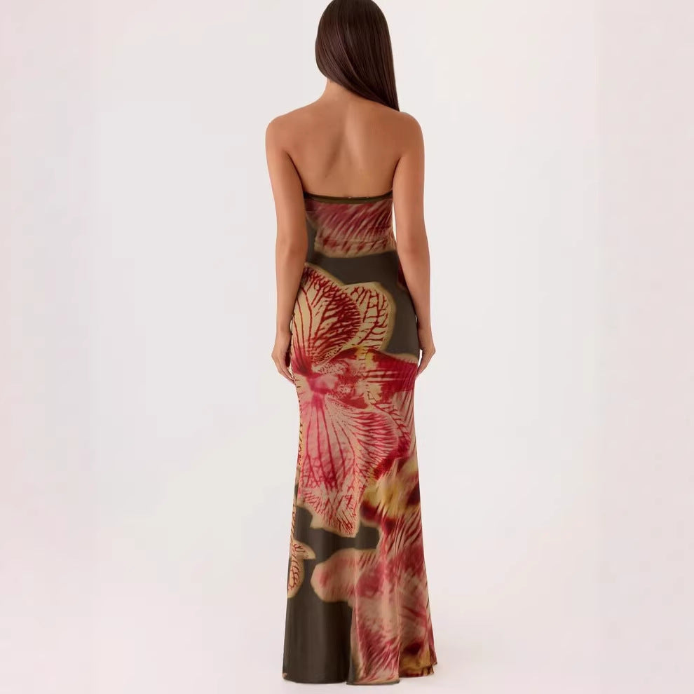 Printed strapless long dress