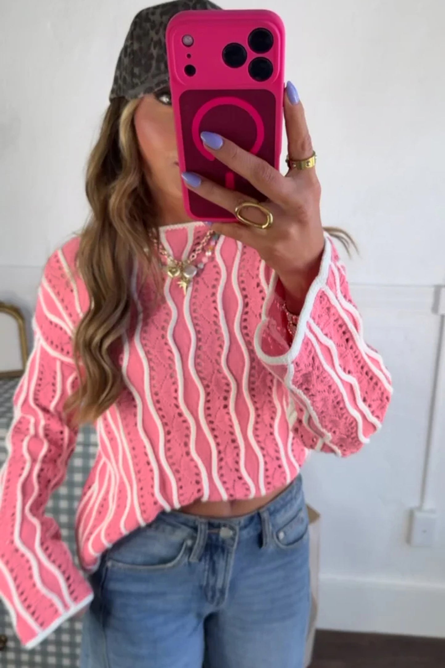 Khaki Wavy Detail Hollow Out Knit Long Sleeve Cotton Pullover Sweater