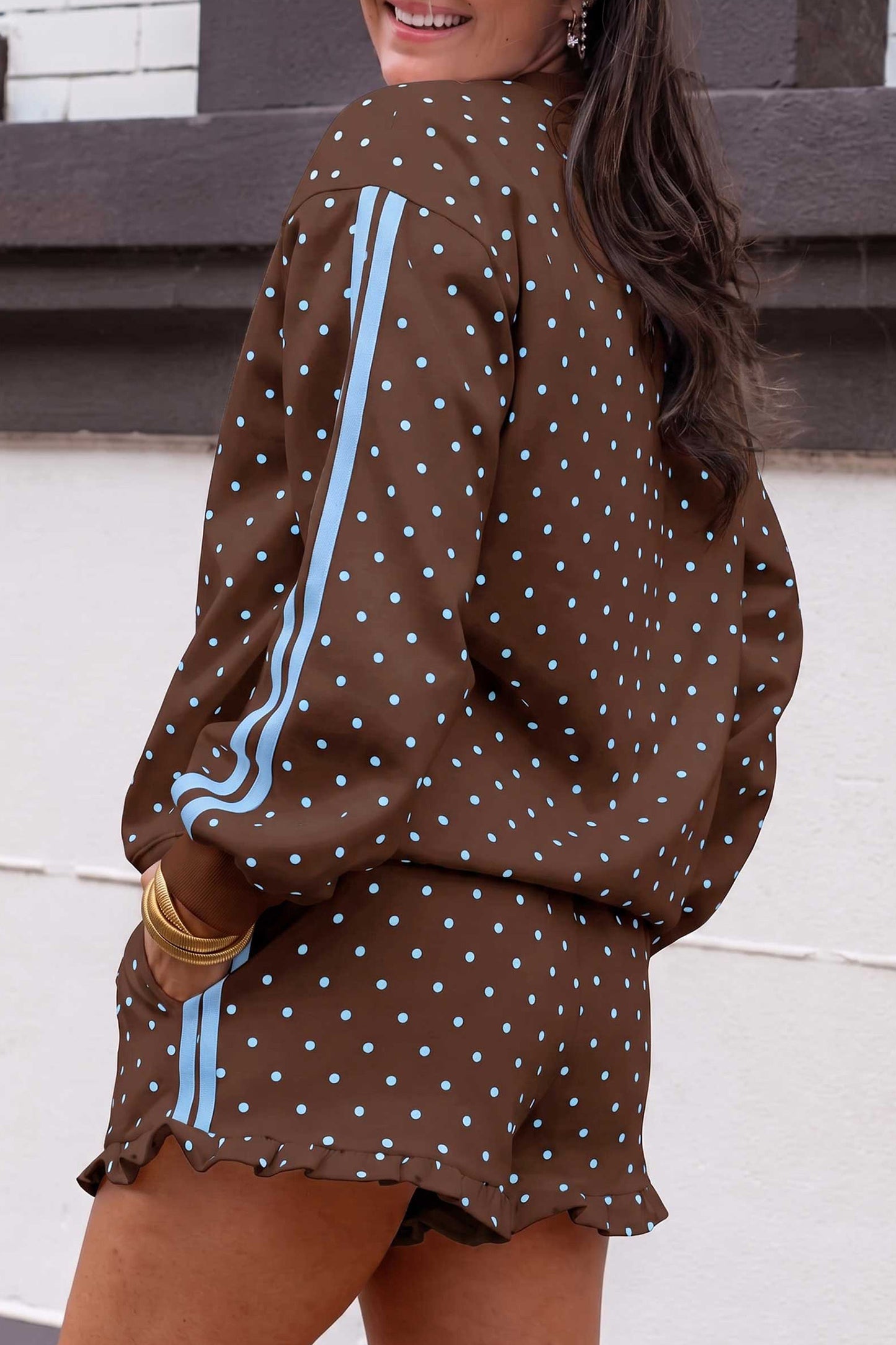 Brown Polka Dot Print Side Stripe Detail Casual Sweatshirt 2pcs Short Set
