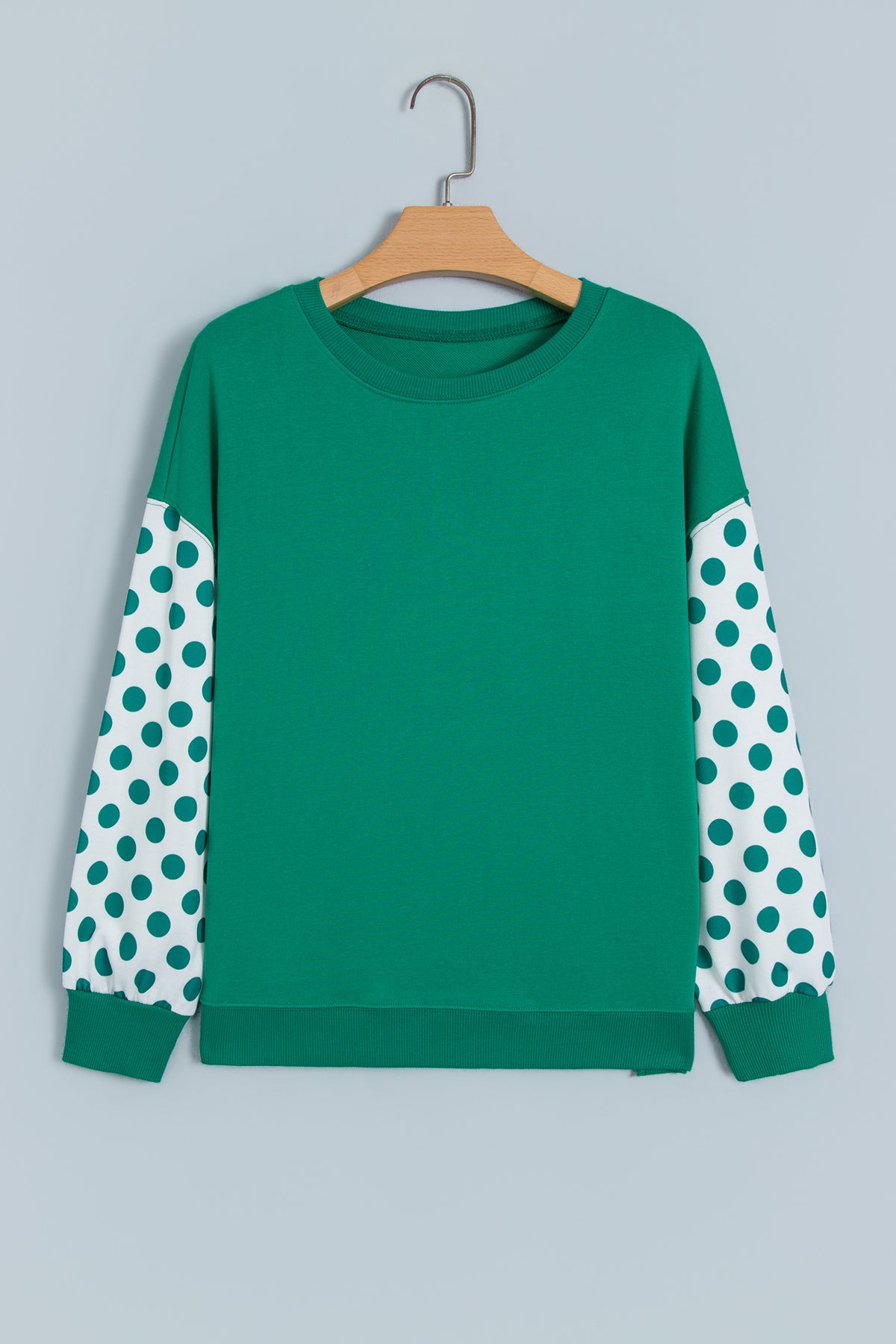 Sky Blue Polka Dot Patchwork Sleeve Crew Neck Loose Pullover Sweatshirt