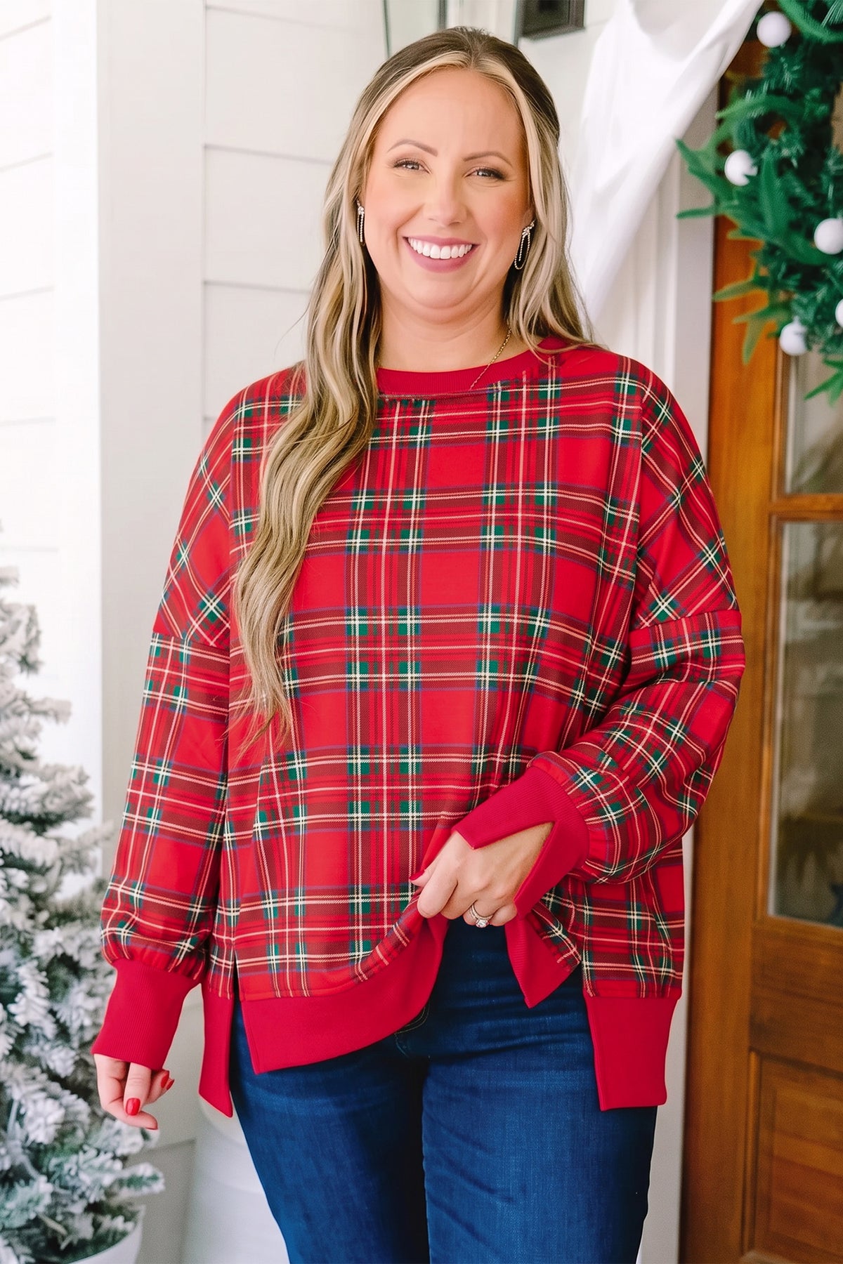 Red Plus Size Festive Plaid Long Sleeve Split Tunic Sweatshirt