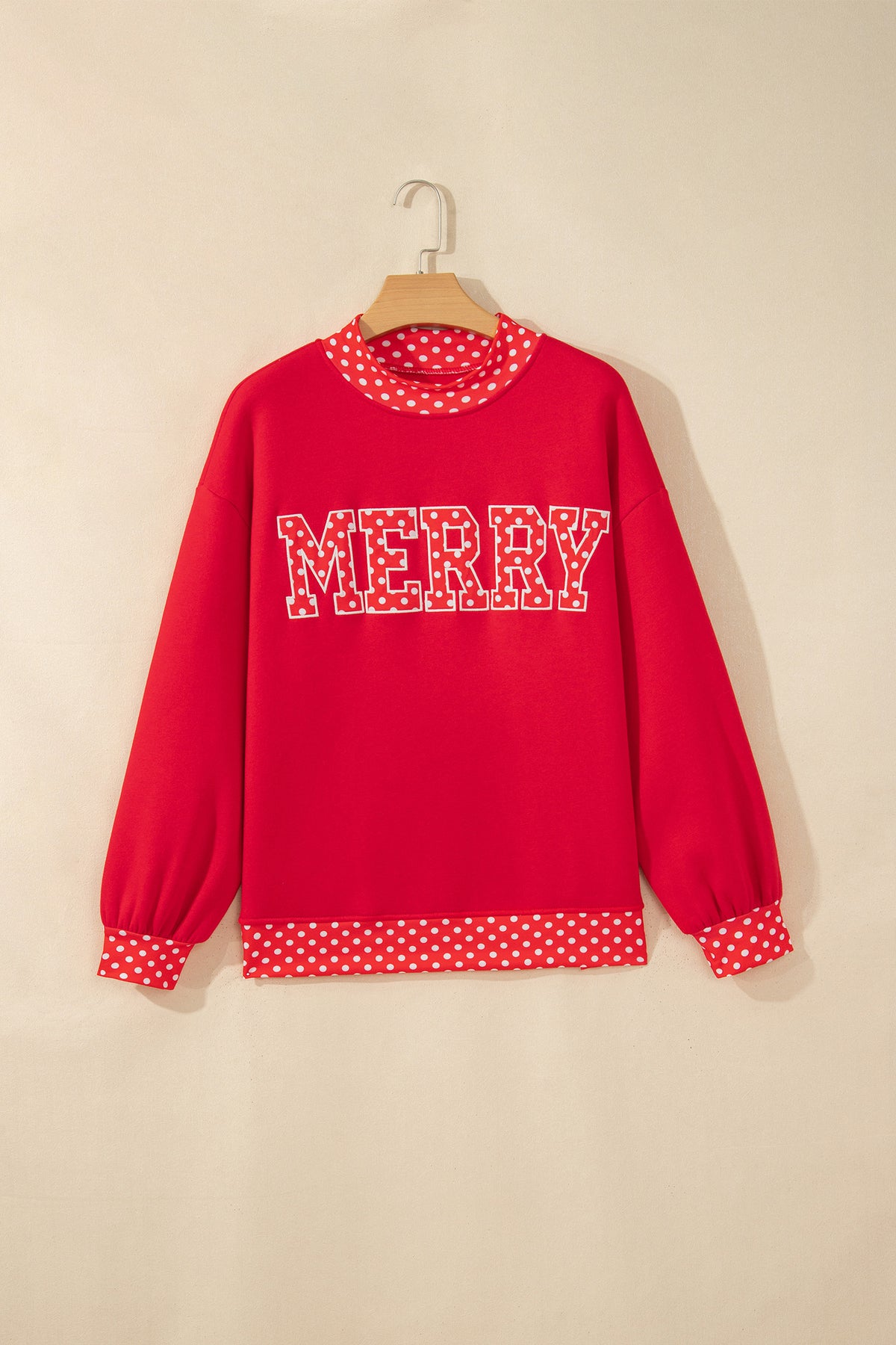 Fiery Red Polka Dot Letter Print Contrast Trim Mock Neck Sweatshirt