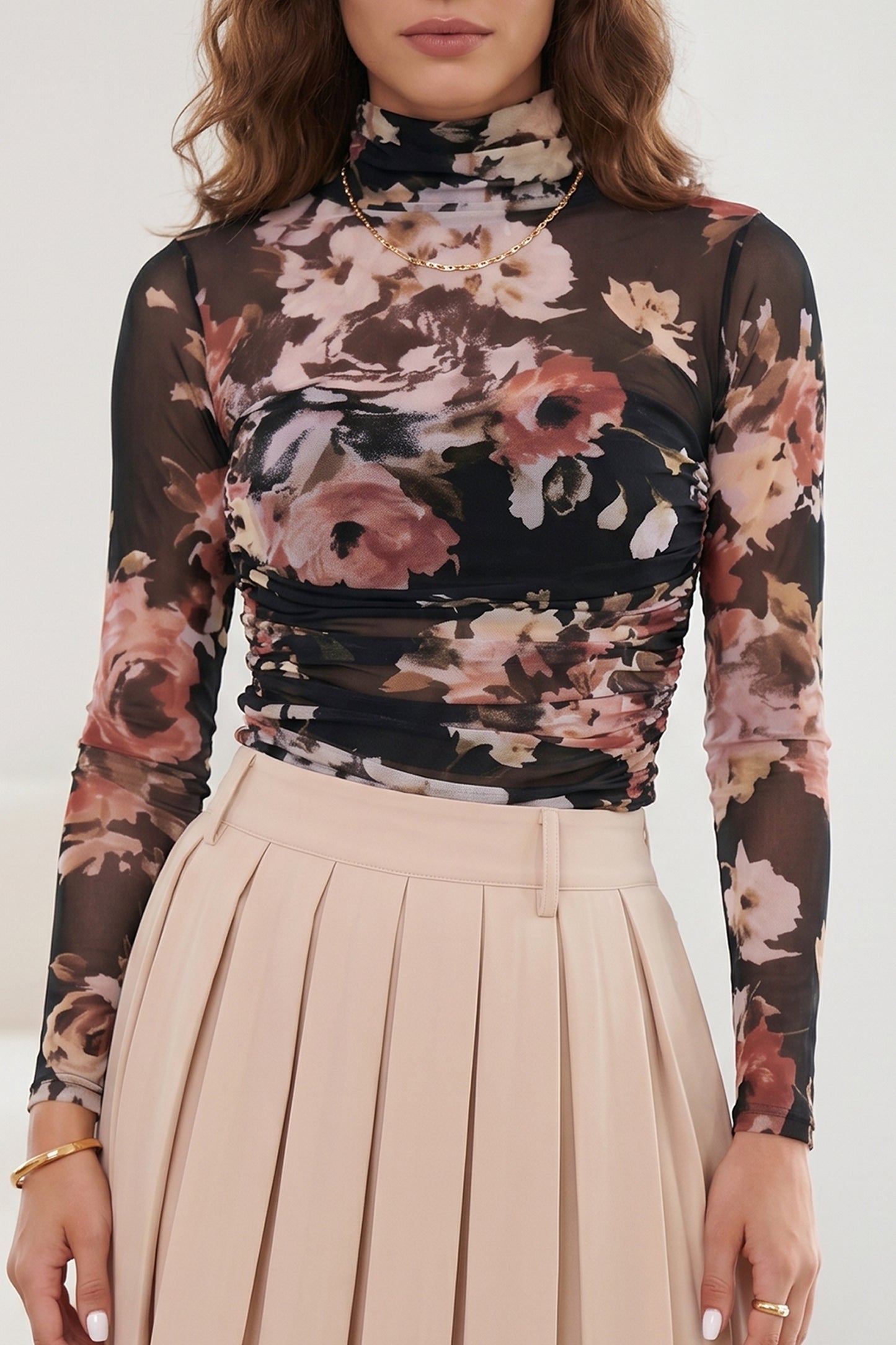 Brown Heartfelt Glance Floral Mesh Bodysuit