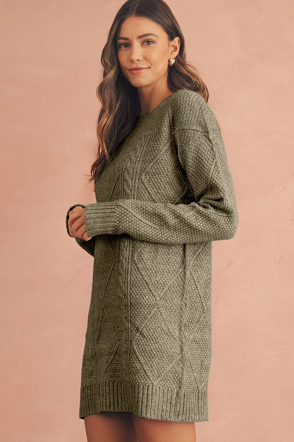 Burgundy Cable Knit Drop Shoulder Loose Fit Sweater Dress