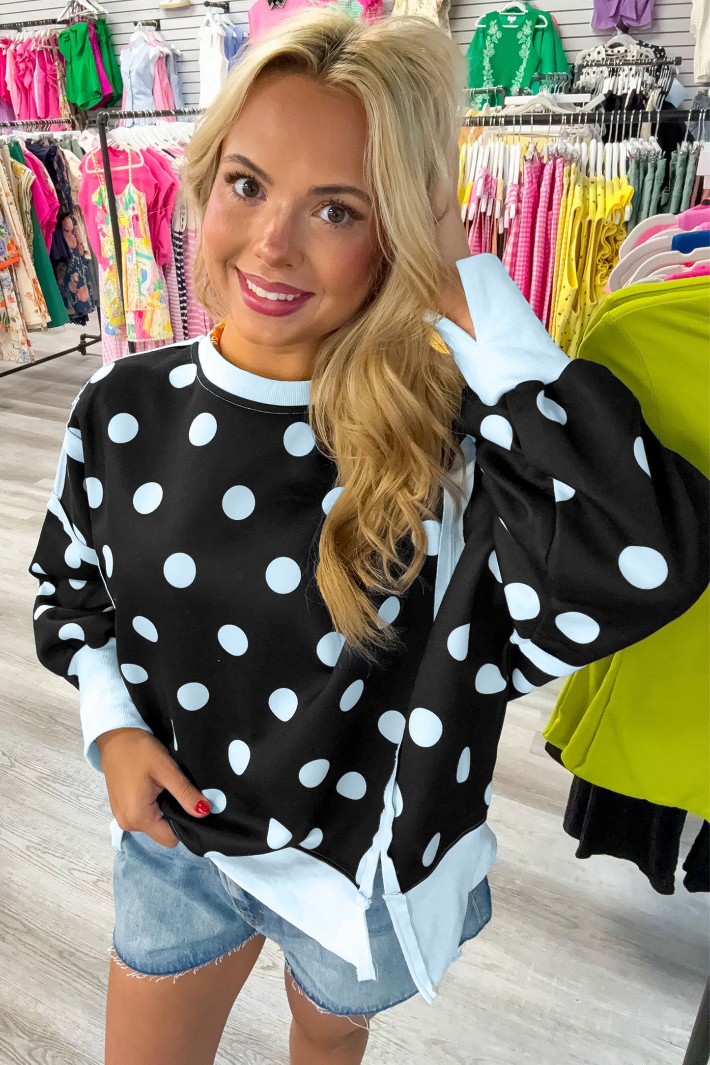 Blue Polka Dot Contrast Patchwork Round Neck Baggy Sweatshirt