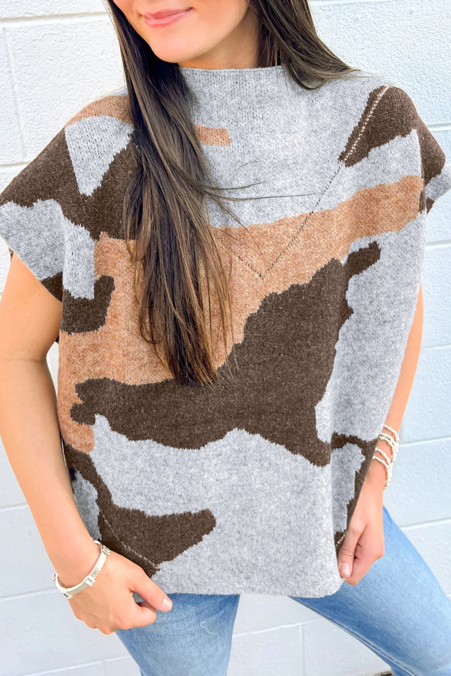Gray Camouflage Pattern Drop Shoulder High Neck Short Sleeve Shift Sweater